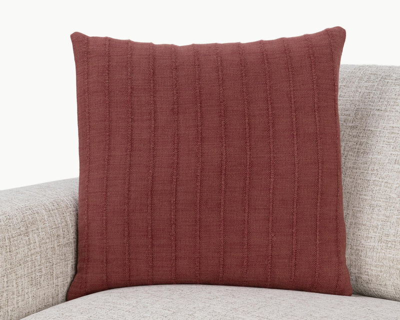 Hunter SLD pillow in cherrywood red on sofa, square front with vertical textured stripes