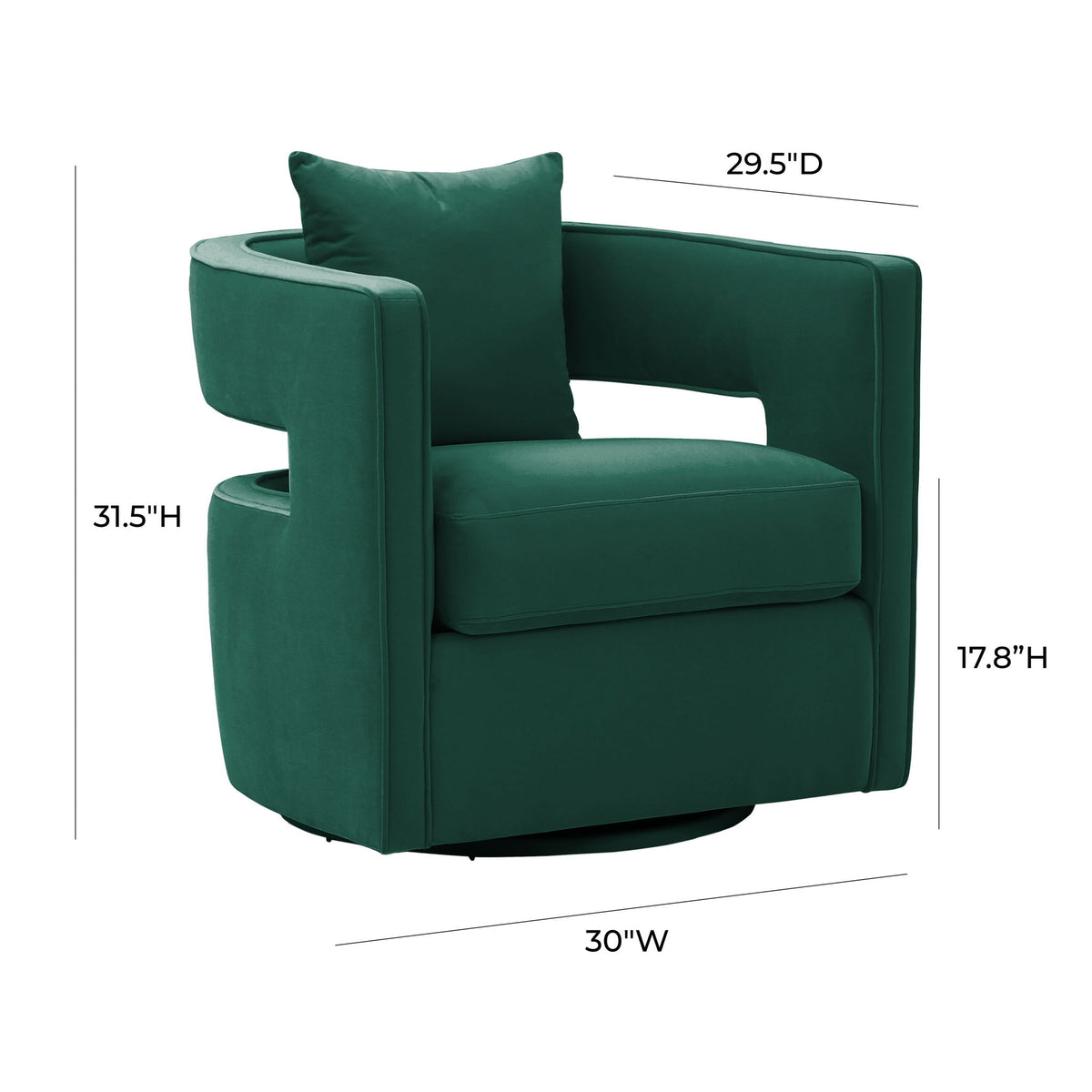 Green swivel accent chair with square arms, seat cushion, and high backrest