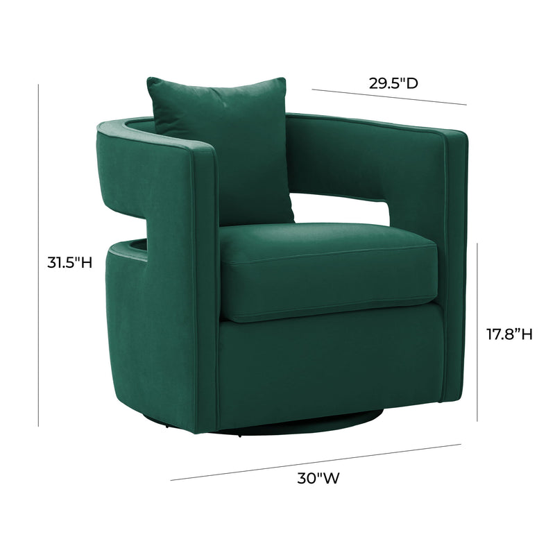 Green swivel accent chair with square arms, seat cushion, and high backrest