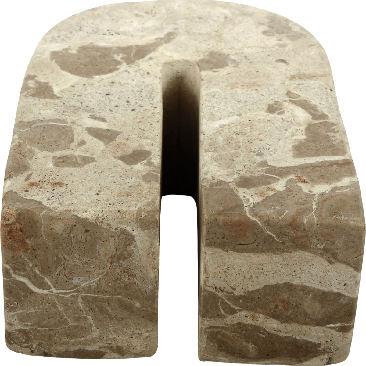 Beige marble bookend with arched cutout, stone veining and speckles