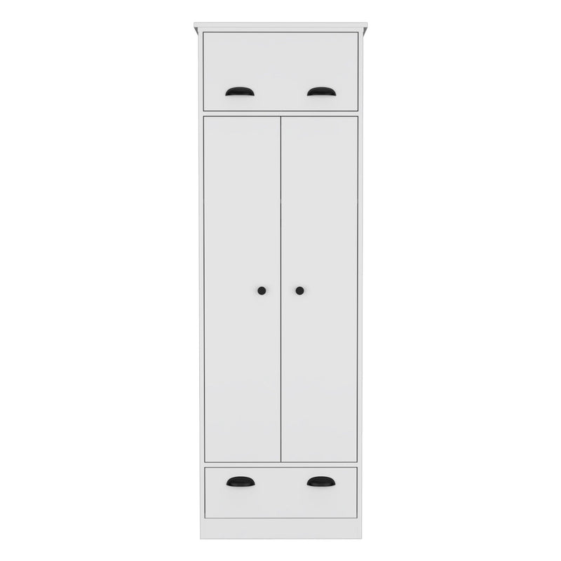 Dresser Closet With Upper Storage Covered With 1 Door, 2 Central Shelves, 1 Tube For Hanging Clothes Covered By 2 Doors, 1 Drawer At The Bottom - White