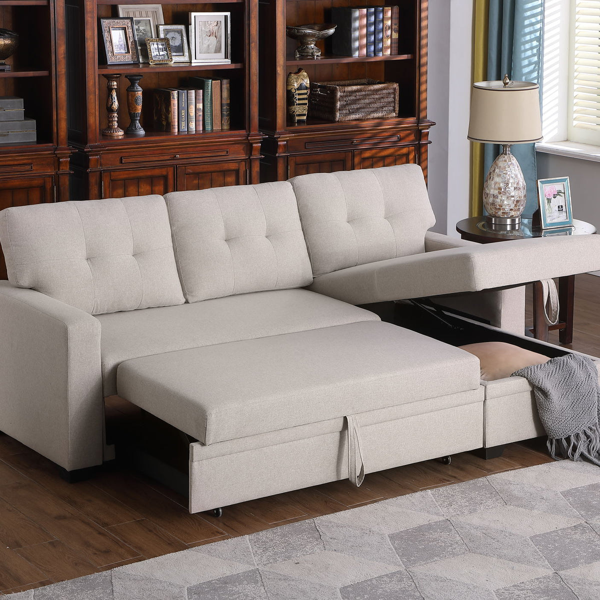 Upholstered Pull Out Sectional Sofa With Chaise