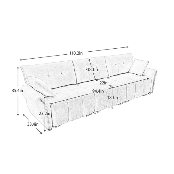 Modern sofa dimensions diagram with tufted cushions and two back cushions