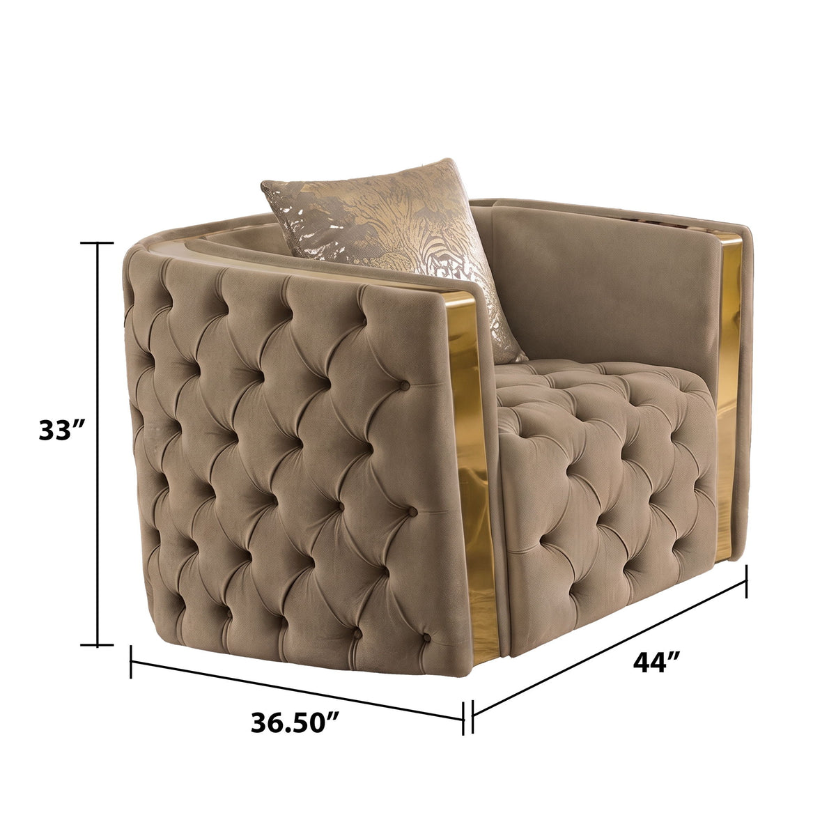Light brown button-tufted accent chair with curved arms and gold trim around the sides