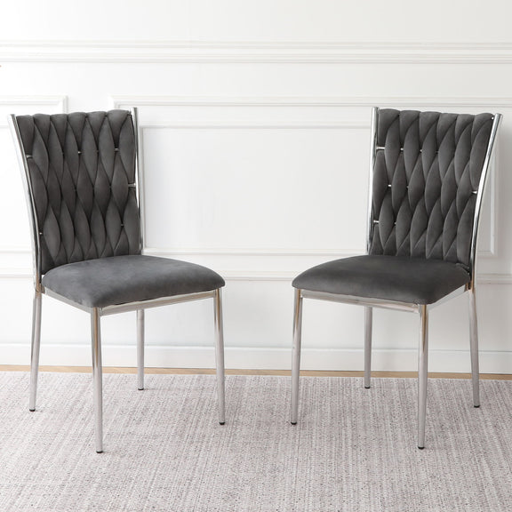 2-piece modern dining chair set, dark gray tufted back, padded seat, silver legs