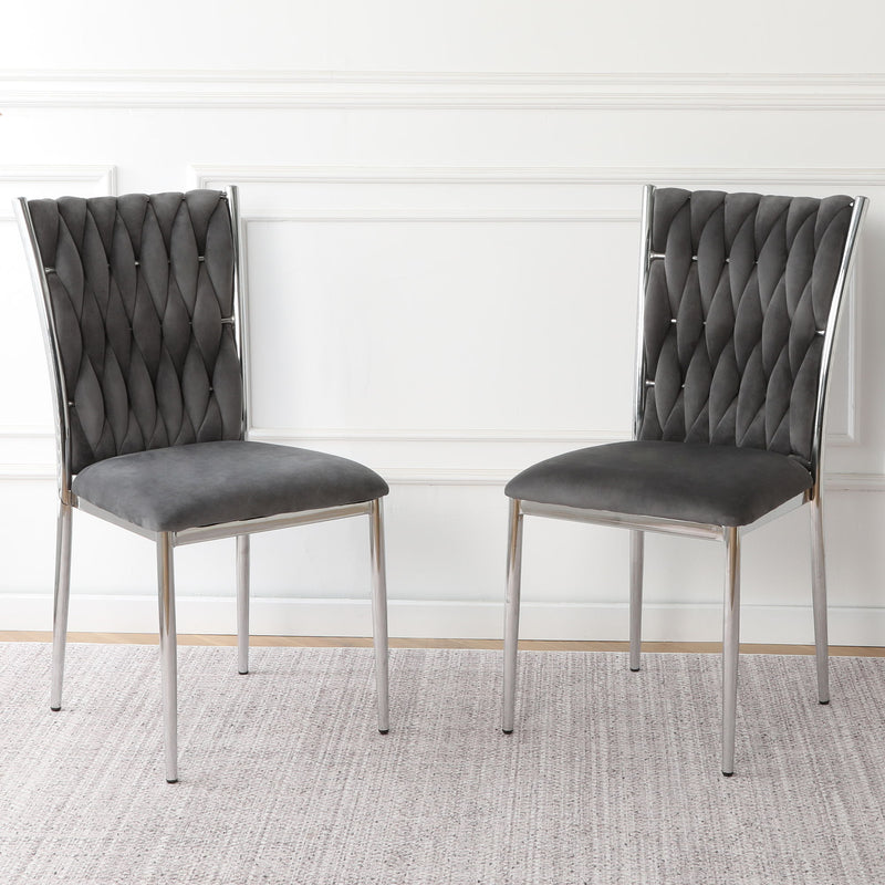 2-piece modern dining chair set, dark gray tufted back, padded seat, silver legs