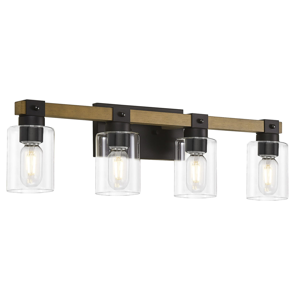 Four-light vanity bar light with dark brown backplate, black accents, and clear glass shades