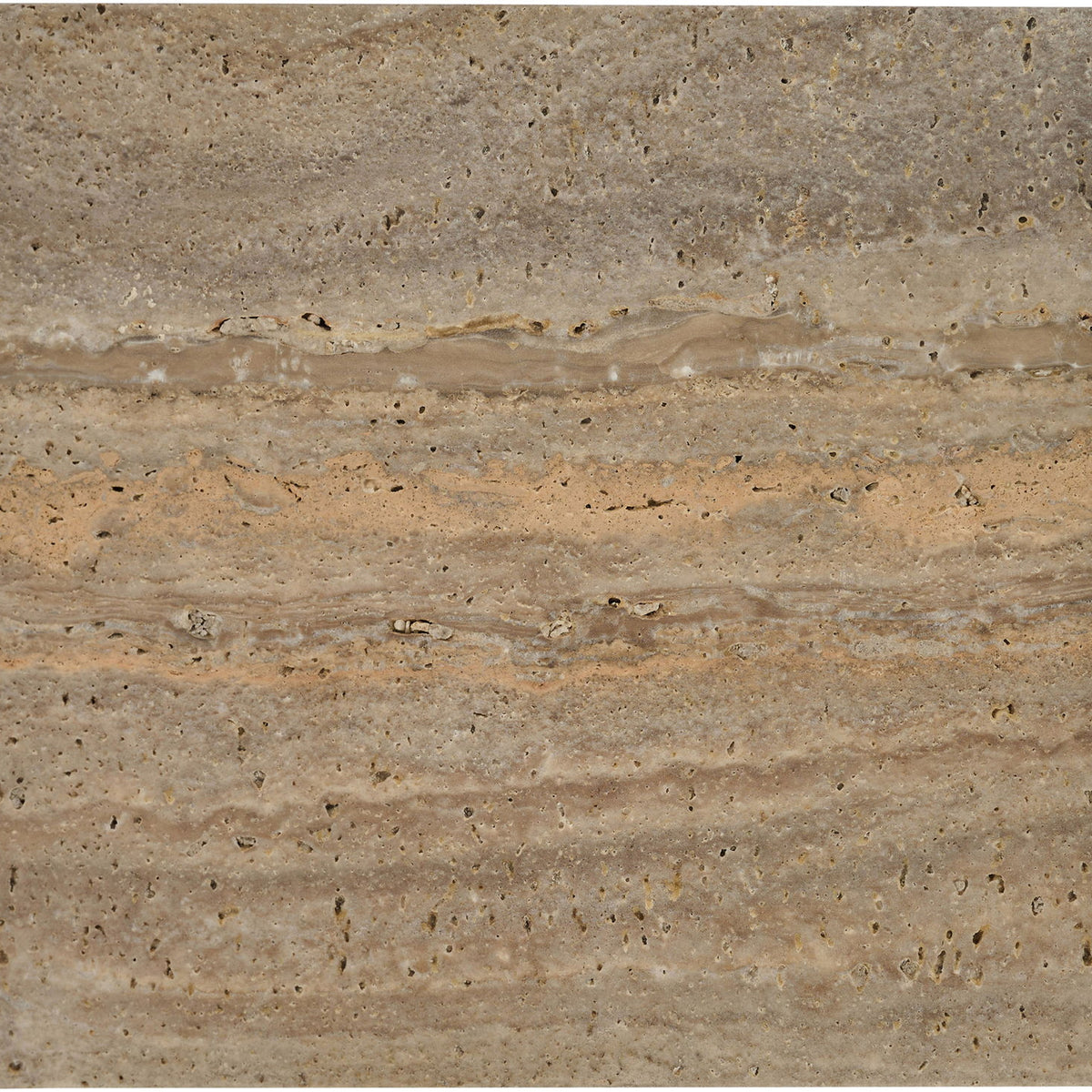 Gray travertine tray close-up with metal corner posts and stone speckle texture.
