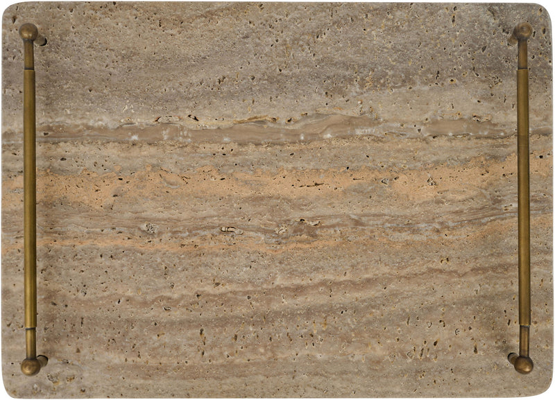 Gray travertine tray close-up with metal corner posts and stone speckle texture.