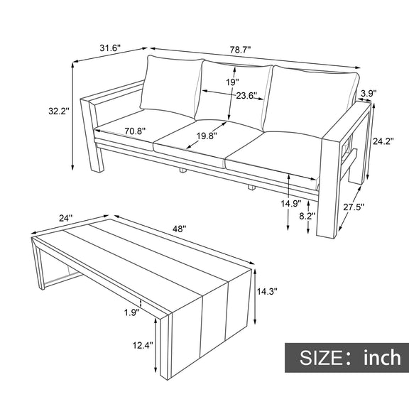 Patio sofa set measurements diagram with sofa, armrests, and included coffee table sizes