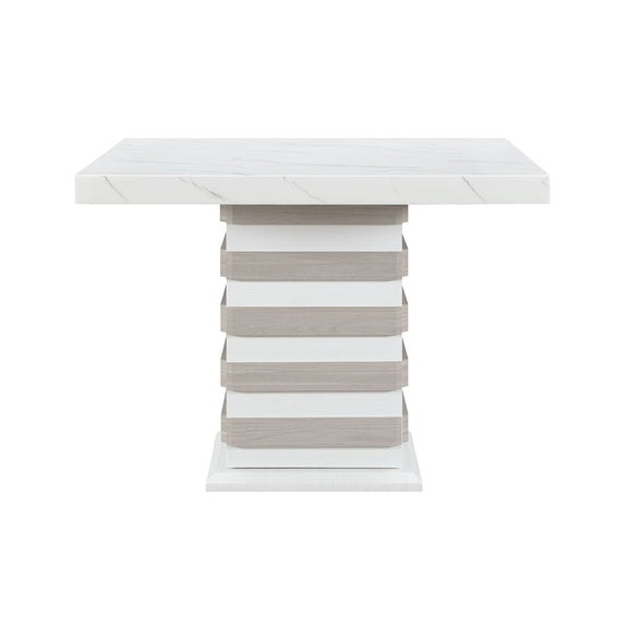 Donna white bar table with striped pedestal base and white marble-look top