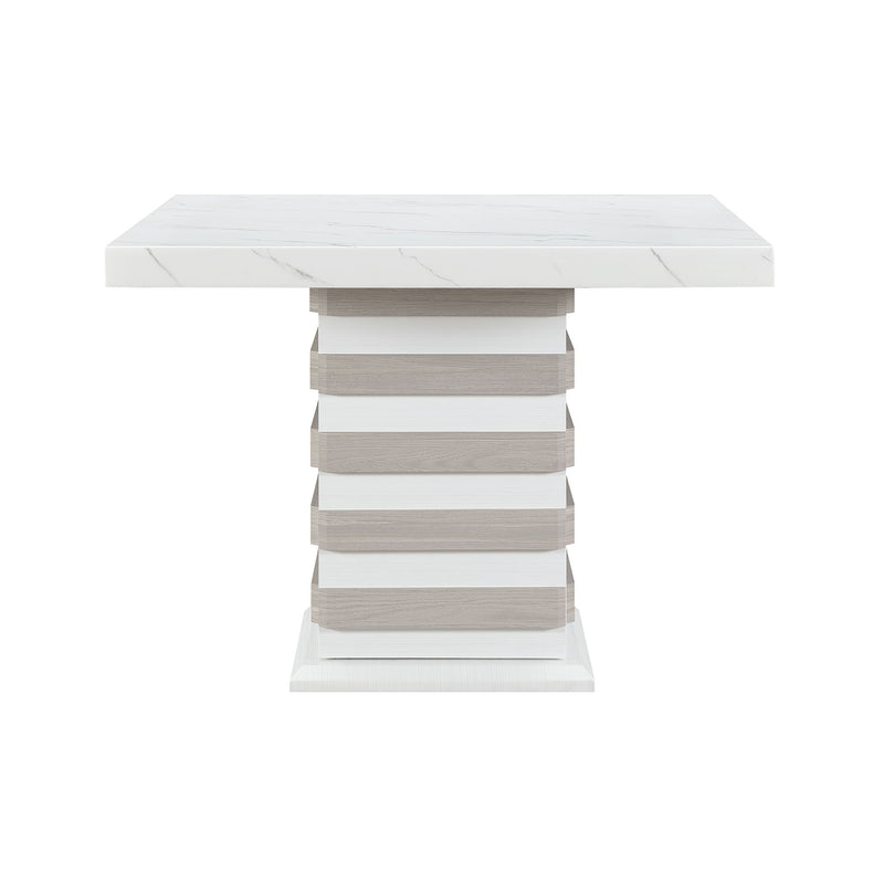 Donna white bar table with striped pedestal base and white marble-look top