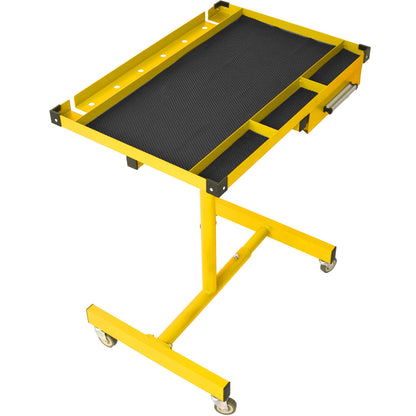 Yellow steel adjustable work table with ribbed mesh top, side drawer, and swivel casters
