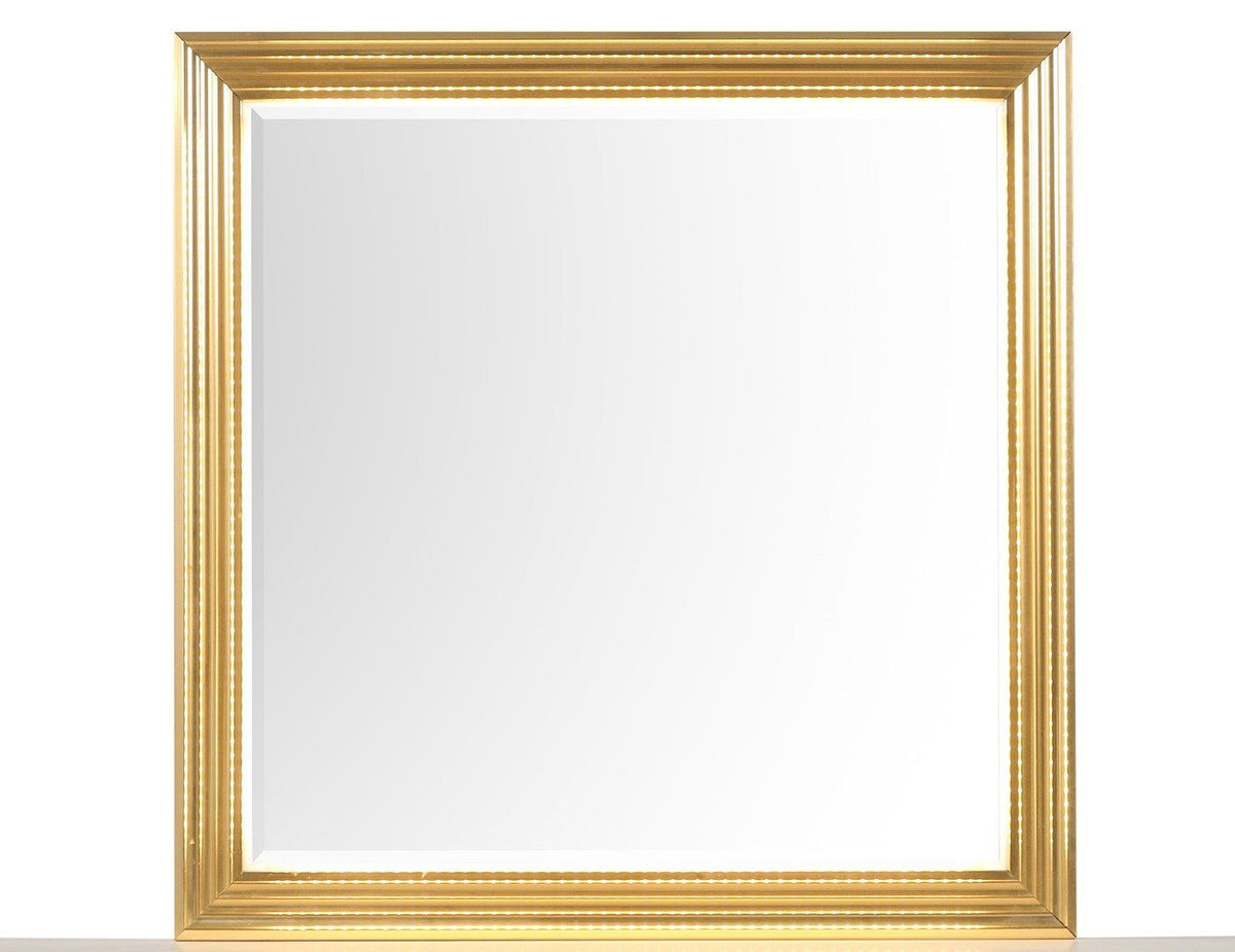 Obsession square mirror with white and gold striped frame, reflective panel
