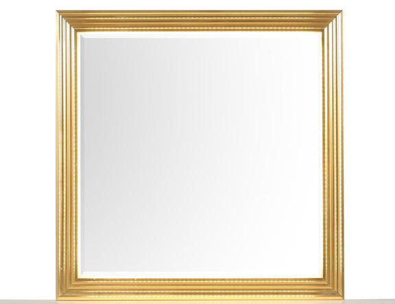 Obsession square mirror with white and gold striped frame, reflective panel
