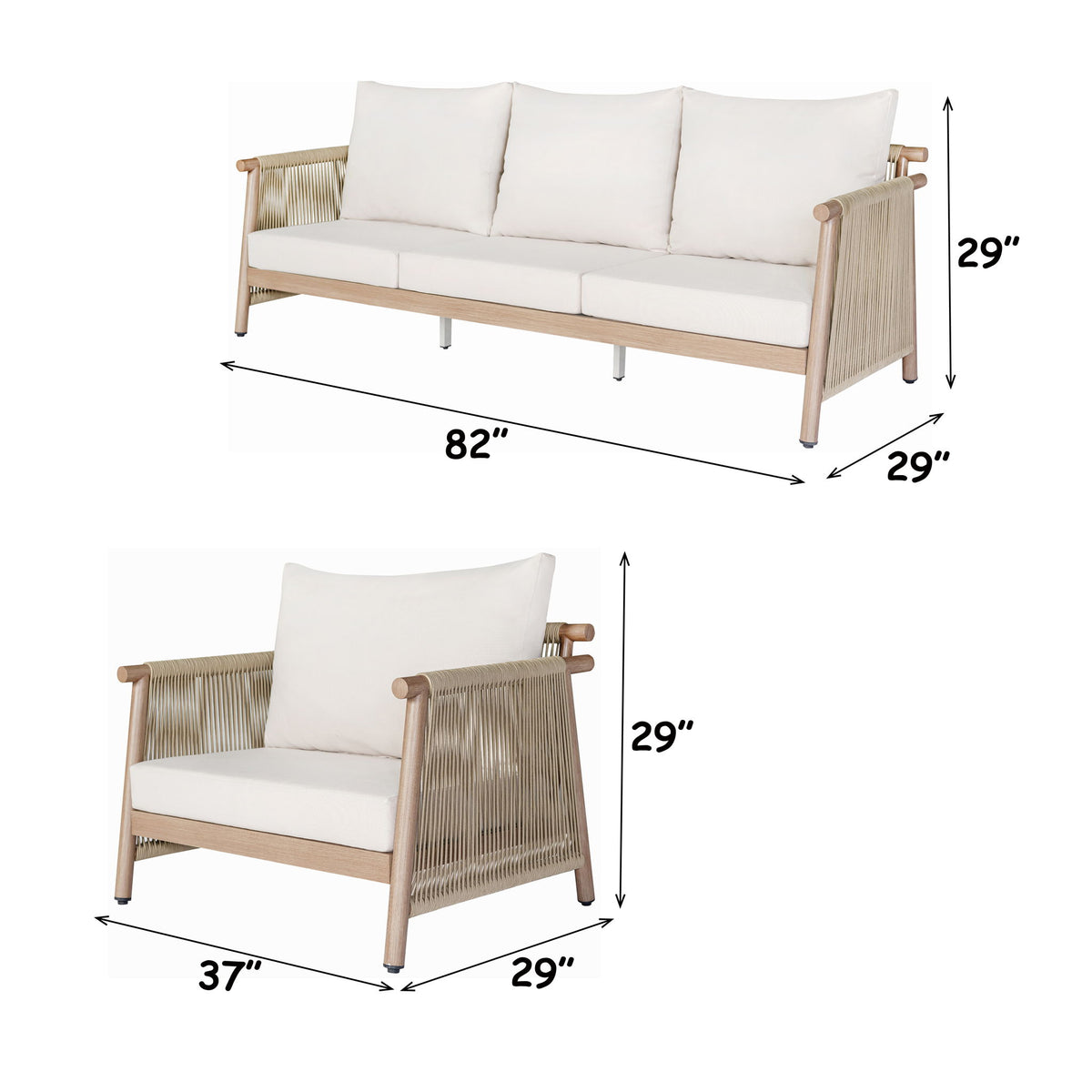Beige patio sofa and armchair with seat and back cushions; sofa 82 in wide