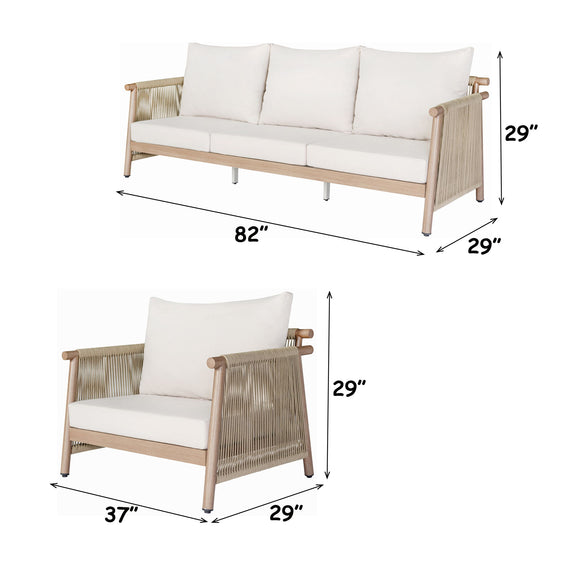Beige patio sofa and armchair with seat and back cushions; sofa 82 in wide