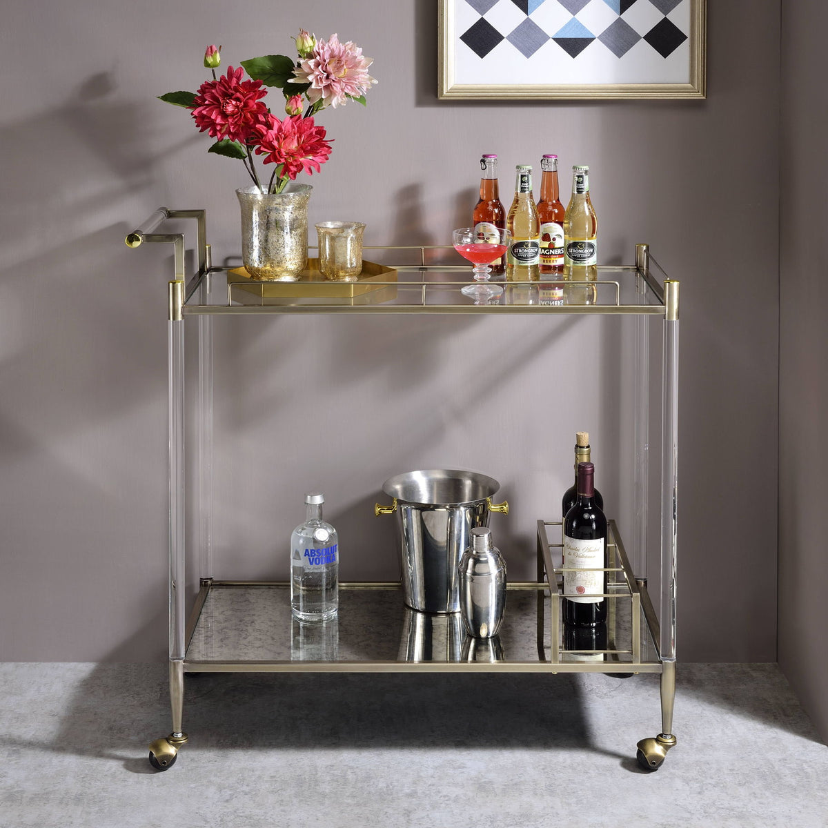 Cirro - Antique Mirror Wire Brass Serving Cart - Antique Brass / White