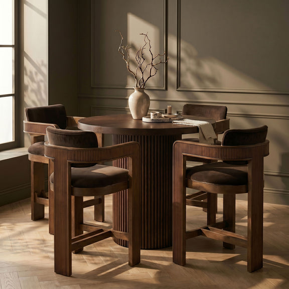 Brown wooden velvet bar stools set, dark brown cushions with vertical slat frames