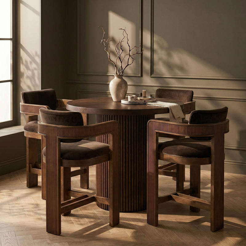 Brown wooden velvet bar stools set, dark brown cushions with vertical slat frames