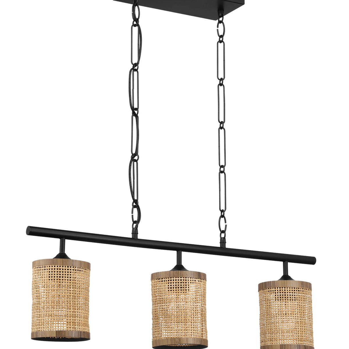 Elysian - 3 Lights Island With Natural Shade Farmhouse Chain Ceiling Lamp - Black / Rattan