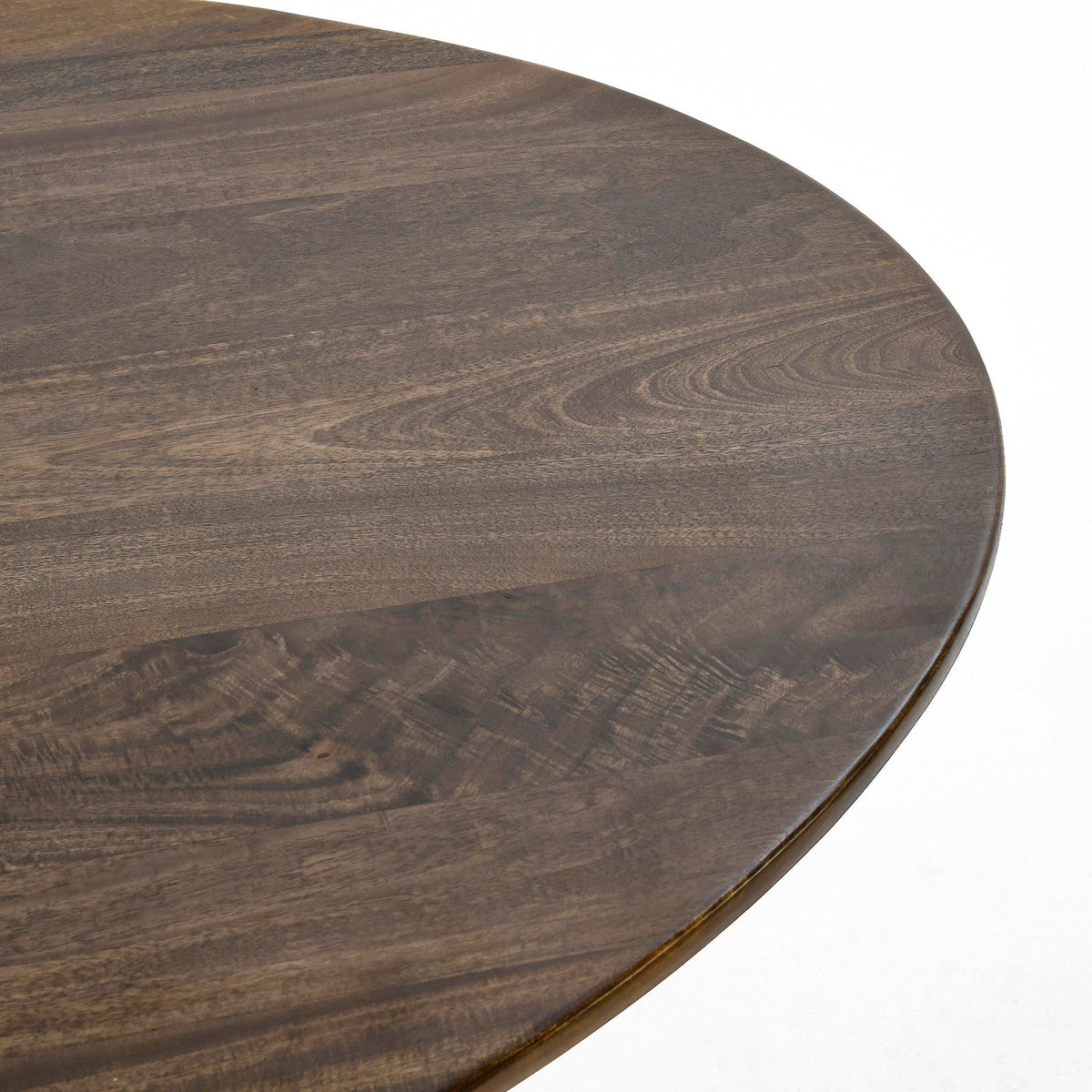 Round dark brown wood tabletop close-up with visible grain and smooth curved edge