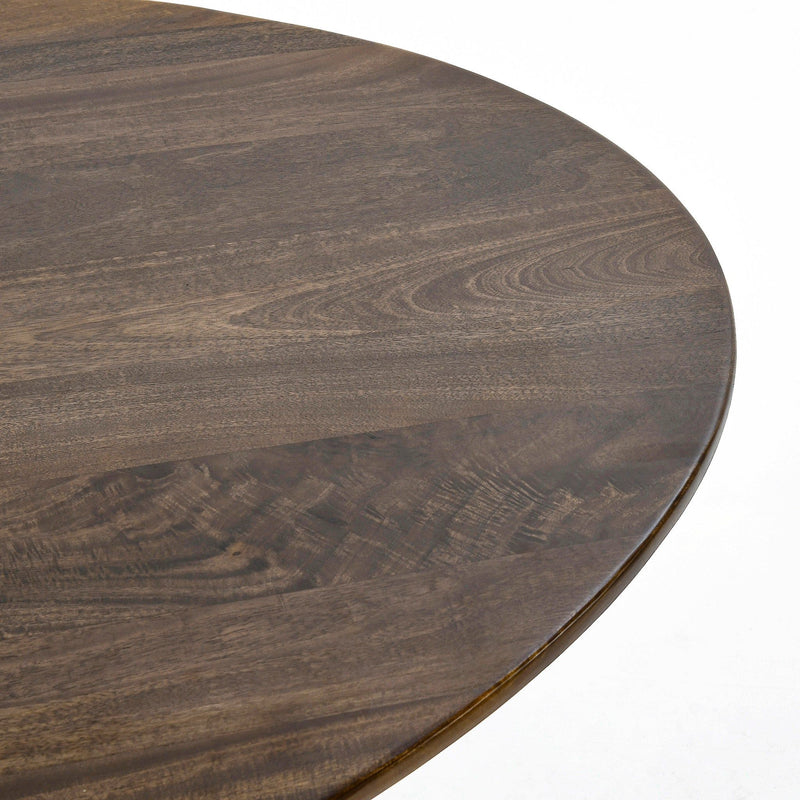 Round dark brown wood tabletop close-up with visible grain and smooth curved edge