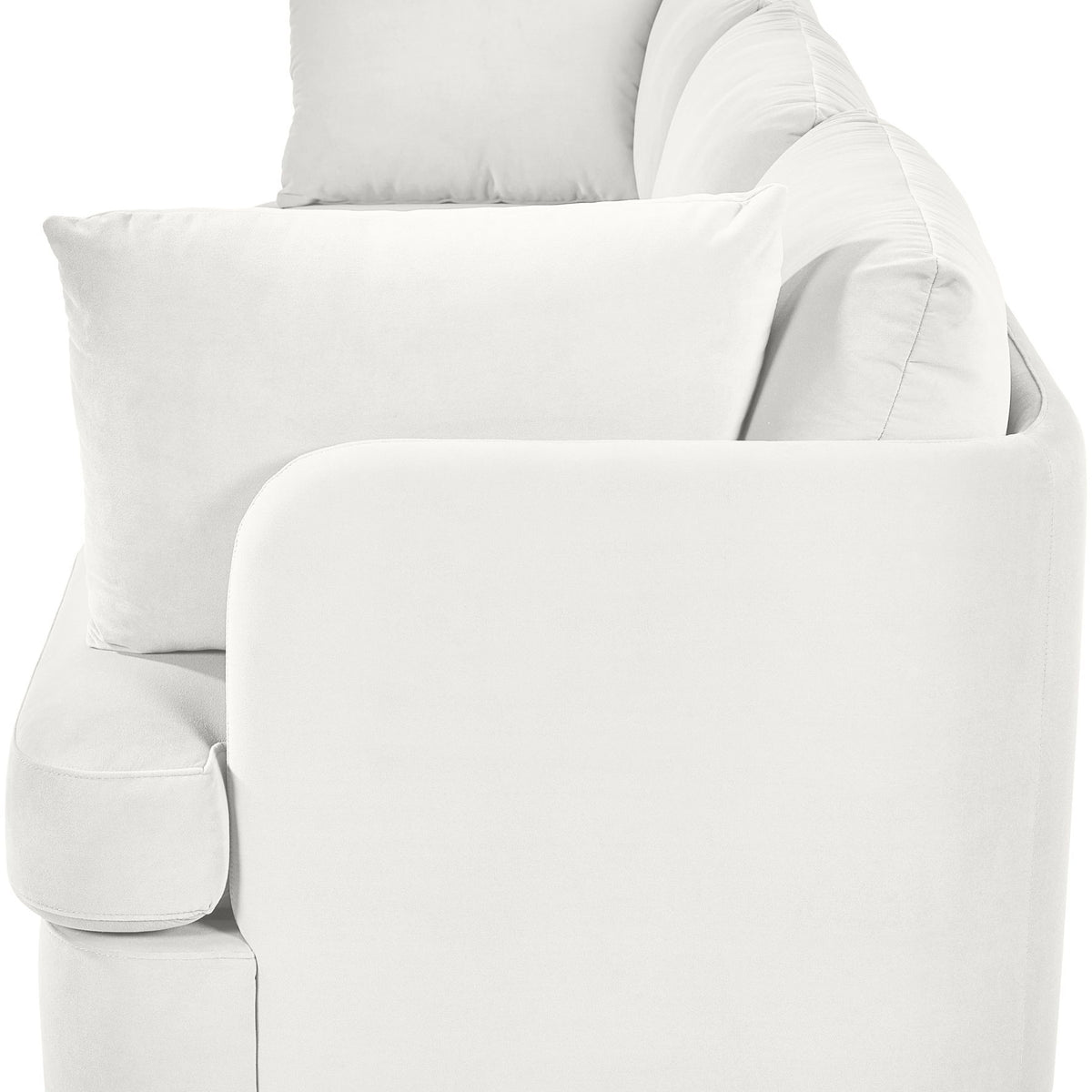 Velvet upholstered 3-piece sofa in light fabric color with square arms and cushions
