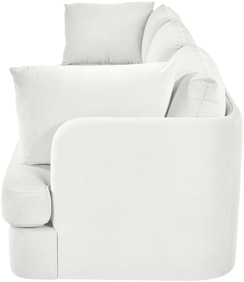 Velvet upholstered 3-piece sofa in light fabric color with square arms and cushions