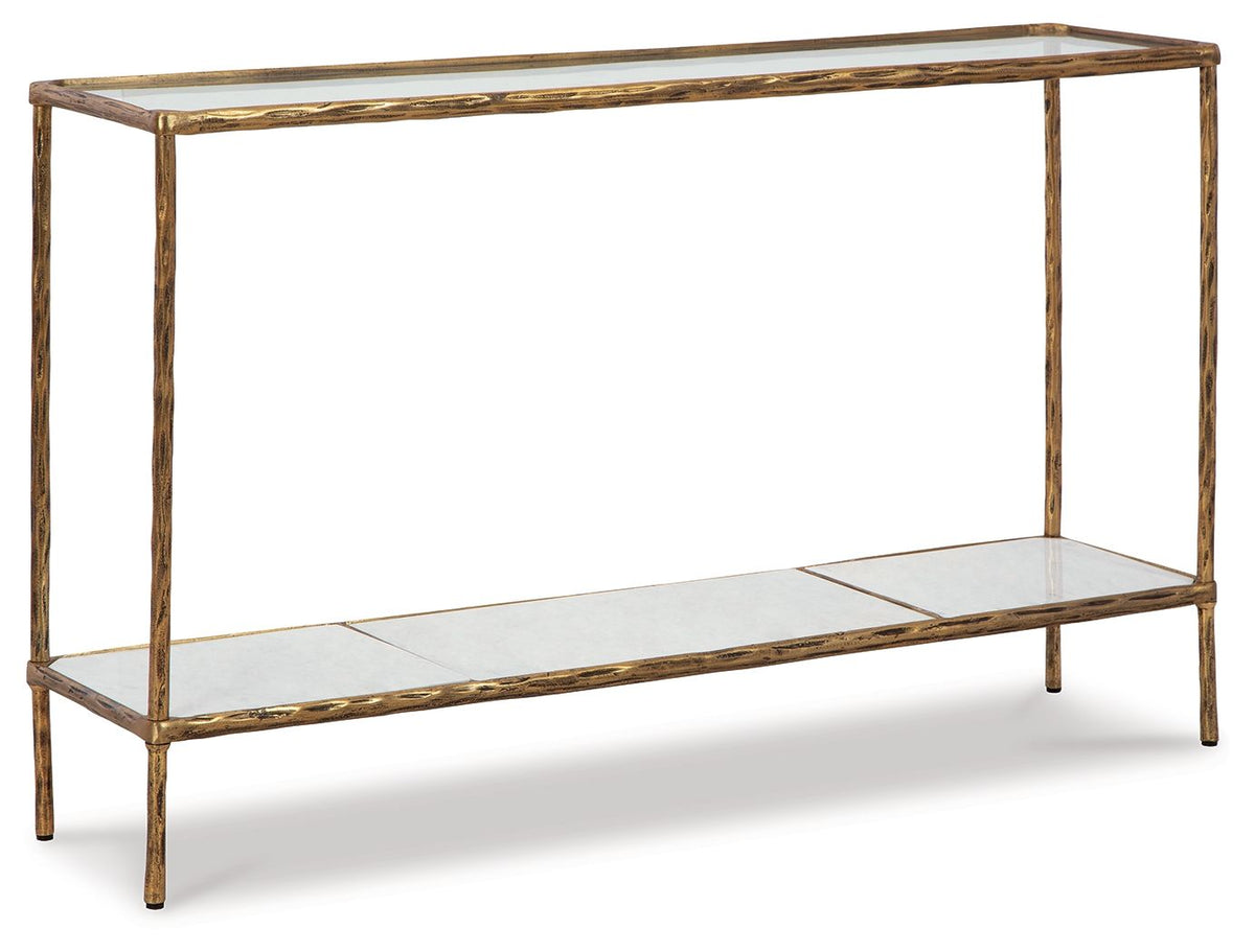Antique brass console sofa table with open shelf and thin metal frame, rectangular top