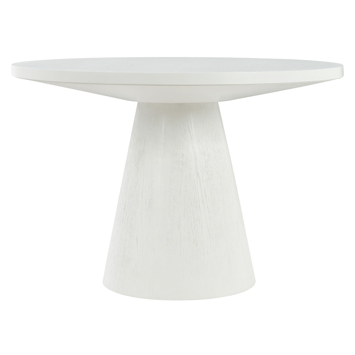 White round dining table with a tapered pedestal base