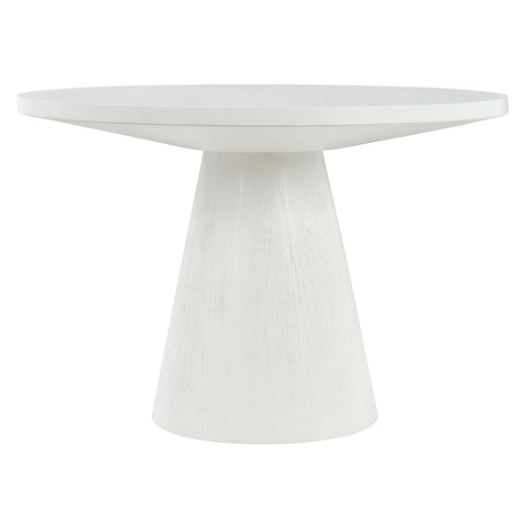 White round dining table with a tapered pedestal base