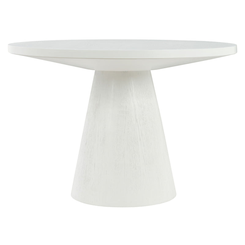 White round dining table with a tapered pedestal base