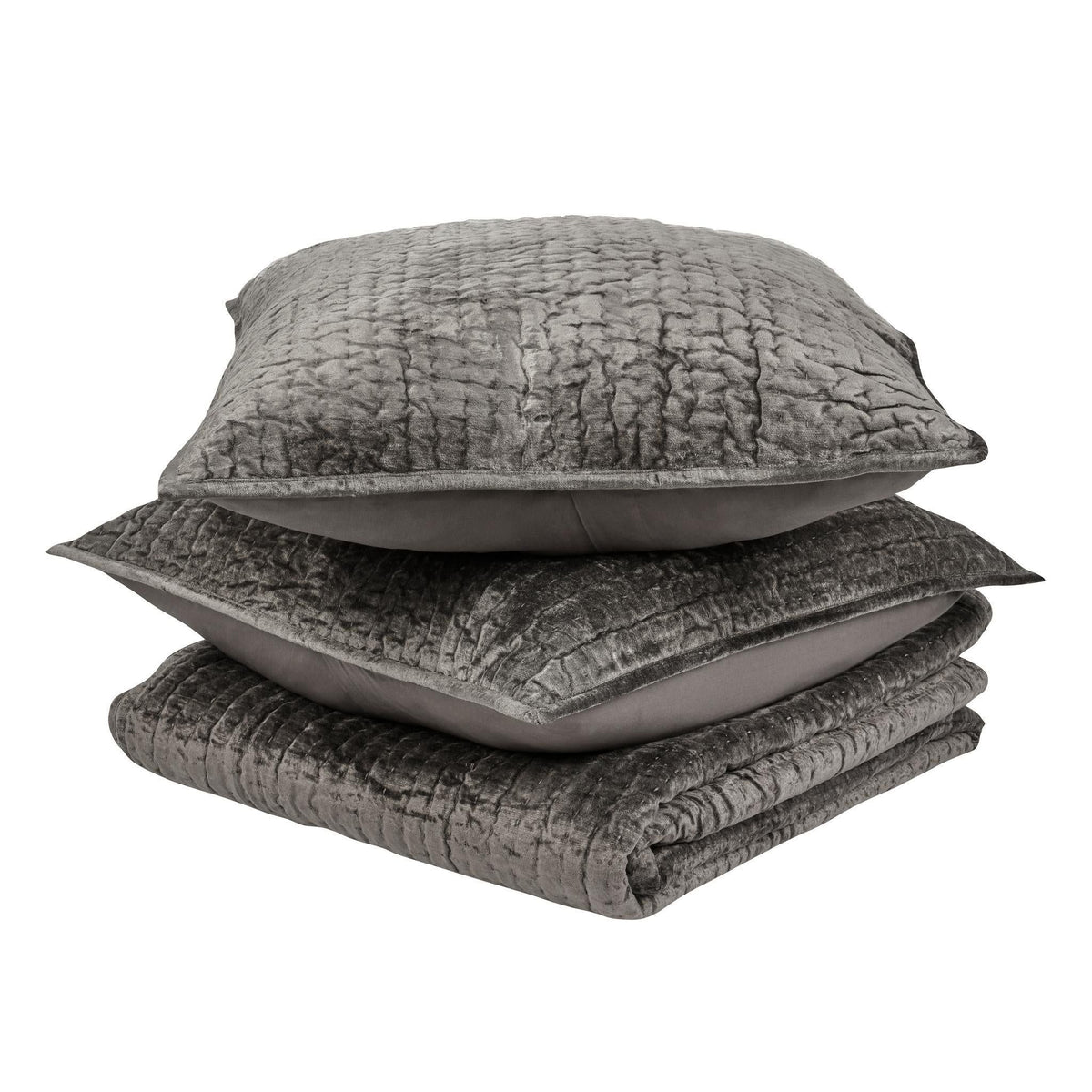Dark gray velvet quilt set with coordinating shams and pillows