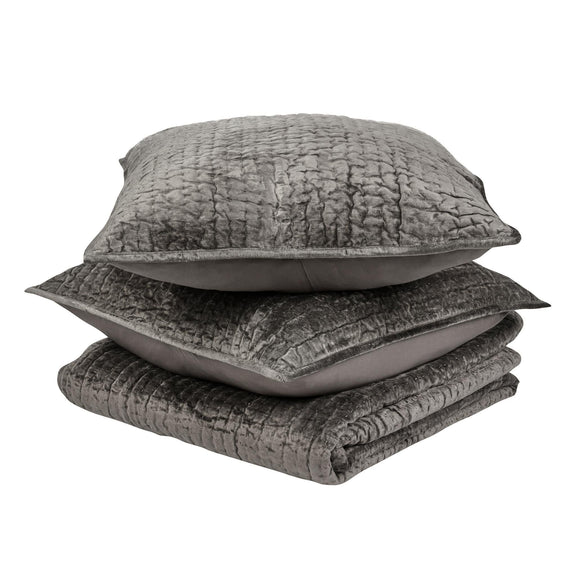 Dark gray velvet quilt set with coordinating shams and pillows