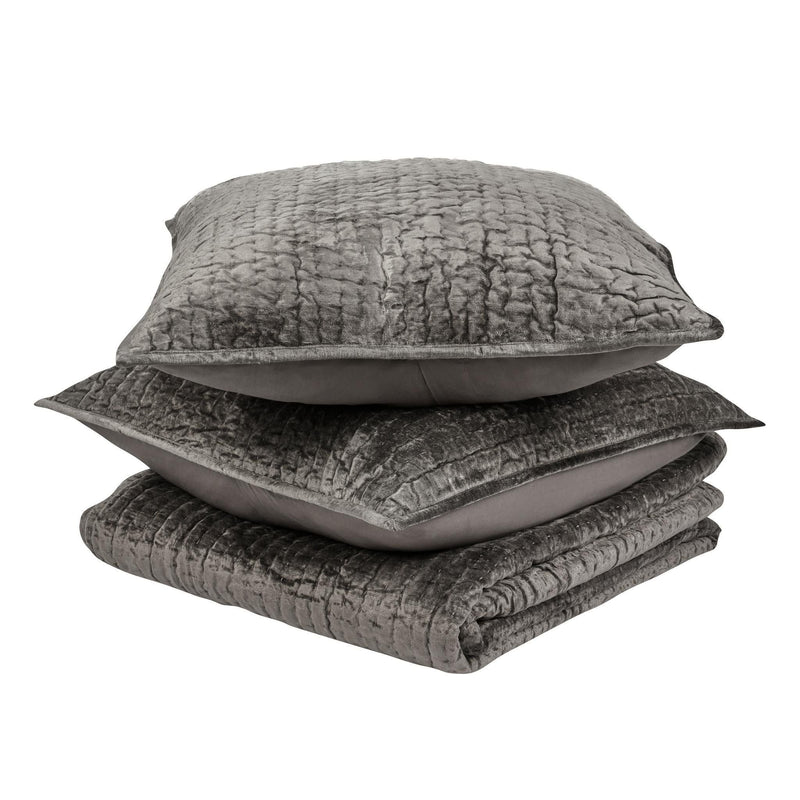 Dark gray velvet quilt set with coordinating shams and pillows