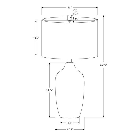 Table lamp dimension diagram with ceramic vase base and drum shade
