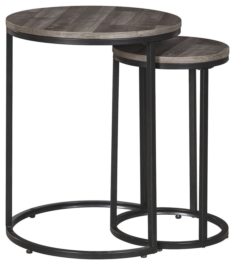Two round accent tables nesting set with gray tops and dark metal circular bases