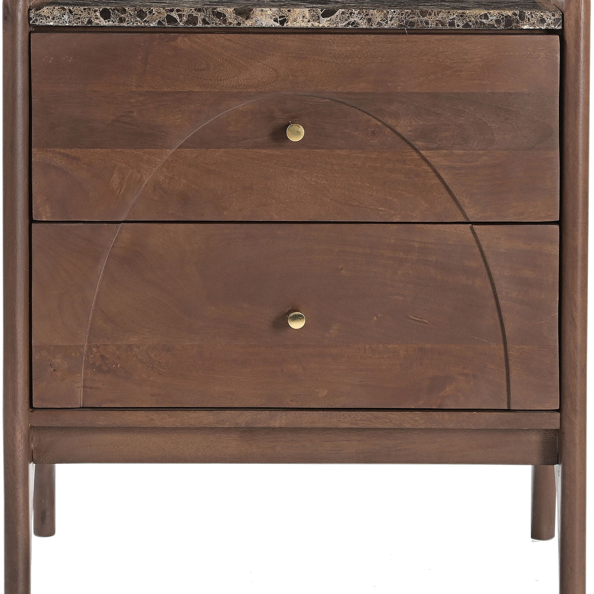 Dark brown mango wood nightstand with stone-look top and two drawers, brass knobs