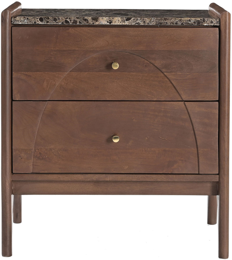 Dark brown mango wood nightstand with stone-look top and two drawers, brass knobs