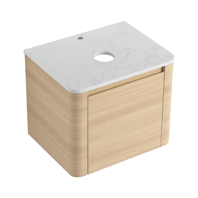Light wood bathroom vanity cabinet with white marble-look top and single door
