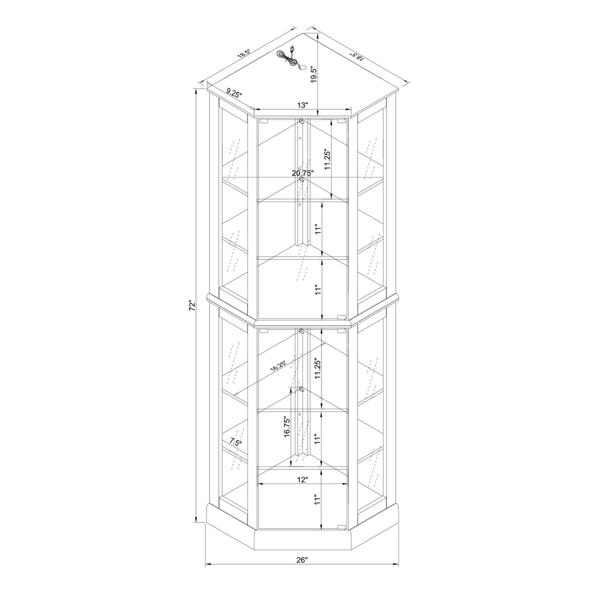 6 Shelf Corner Curio Display Cabinet With Lights, Mirrors And Adjustable Shelves (E26 Light Bulb Not Included)