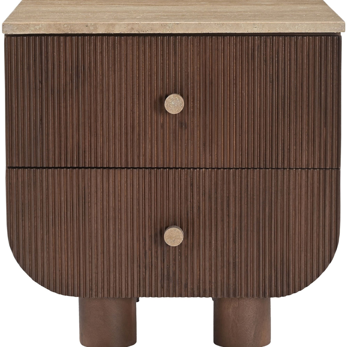 Mango wood nightstand with two drawers, light wood top, round metal knobs
