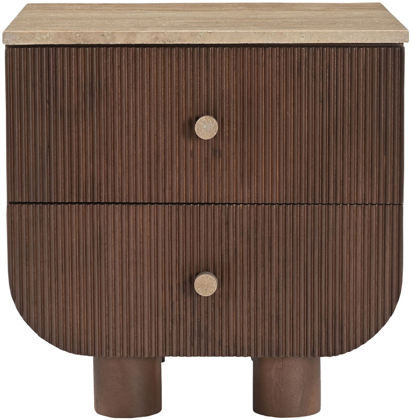 Mango wood nightstand with two drawers, light wood top, round metal knobs