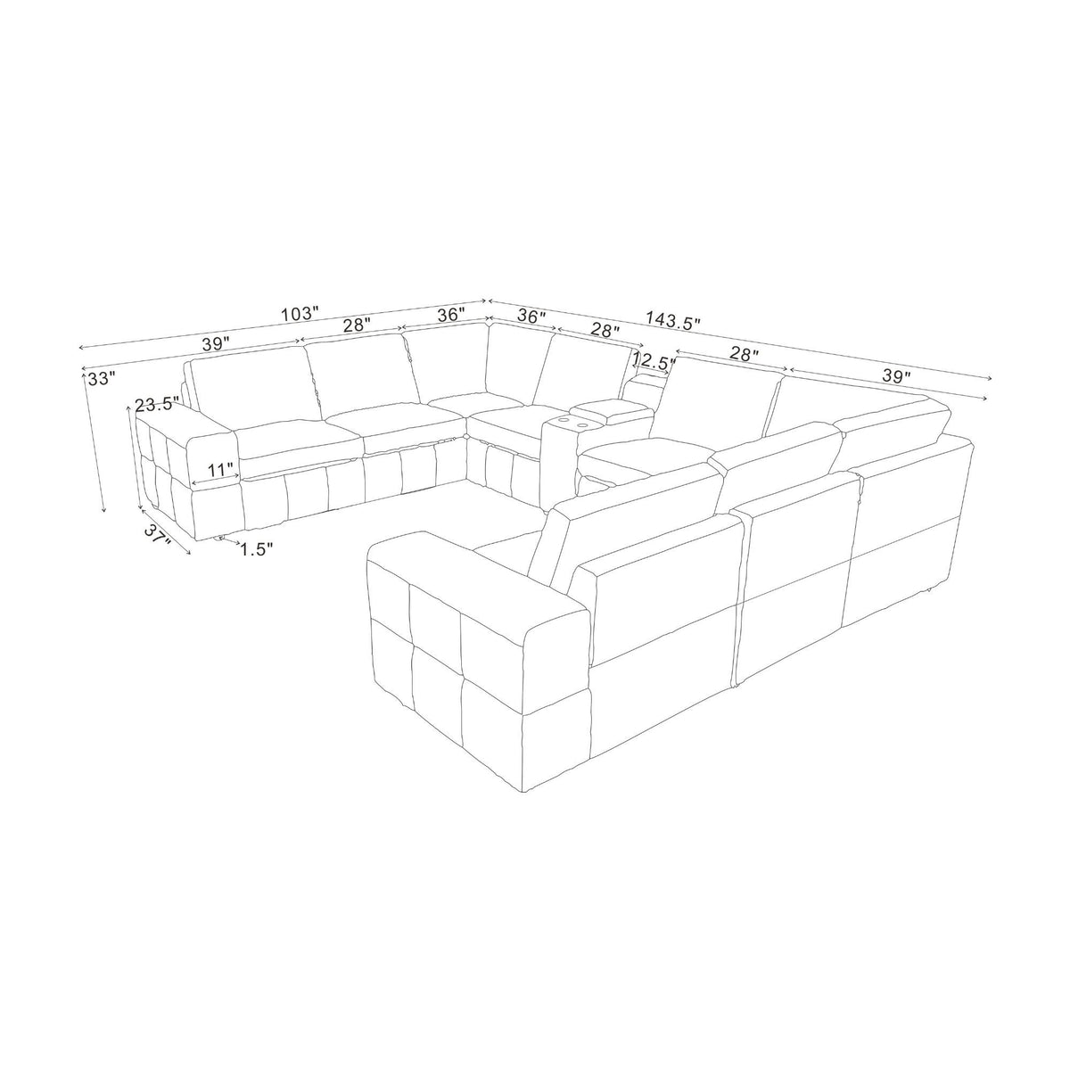 Sectional sofa layout diagram with measurements for a larger modular U-shape
