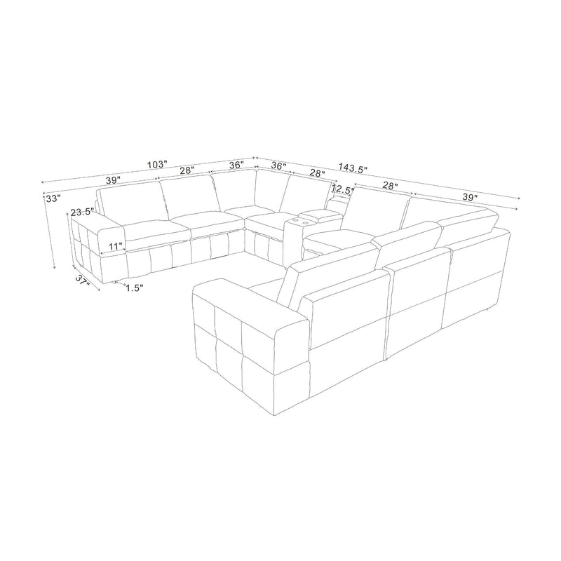 Sectional sofa layout diagram with measurements for a larger modular U-shape