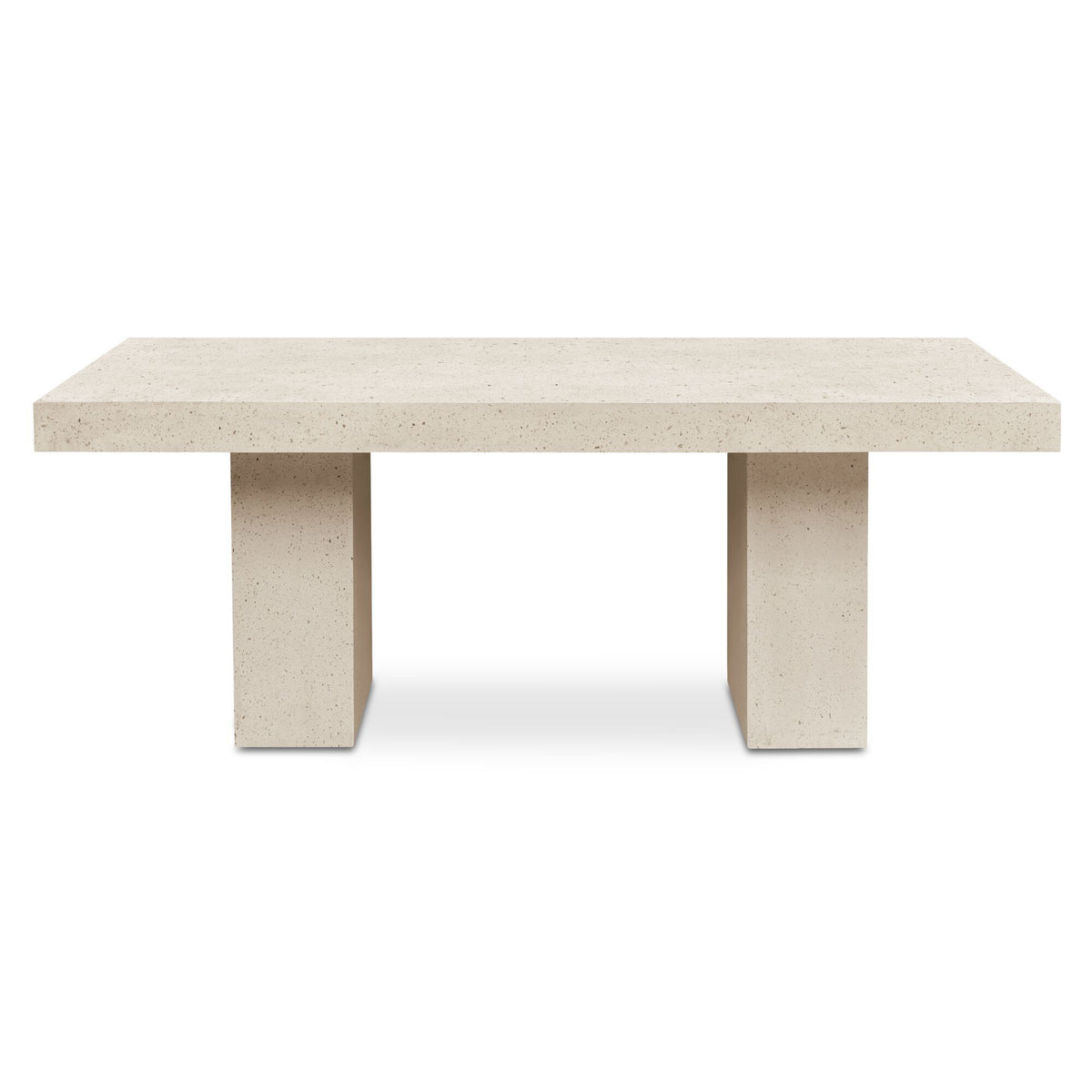 Rectangular outdoor dining table with light terrazzo surface and pedestal legs