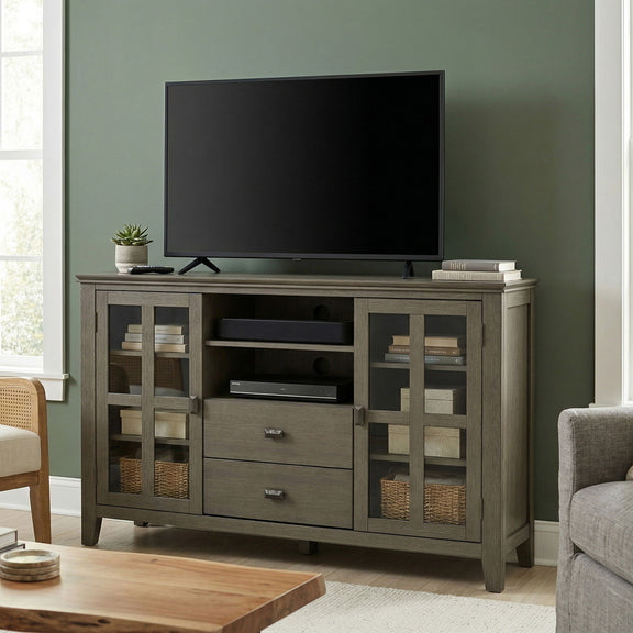 Dark gray TV media stand with open shelves, wicker cabinet doors, and two drawers