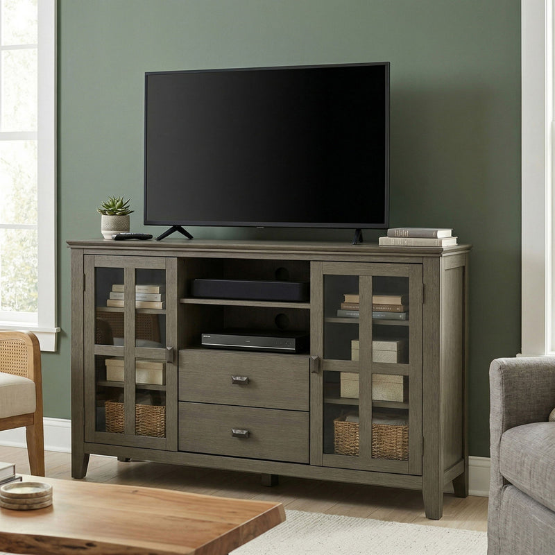 Dark gray TV media stand with open shelves, wicker cabinet doors, and two drawers