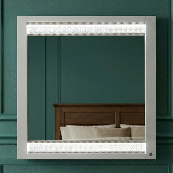 White framed LED light mirror with long illuminated strips around the edge